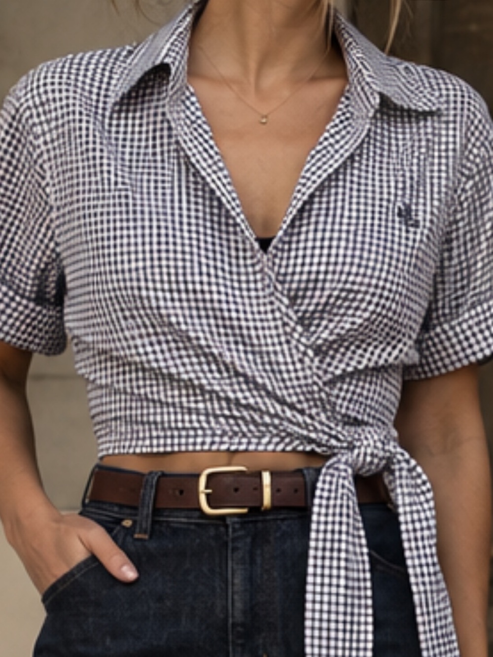Lauren Ralph Lauren Navy White Gingham Wrap Crop Top M 100% Cotton LRL